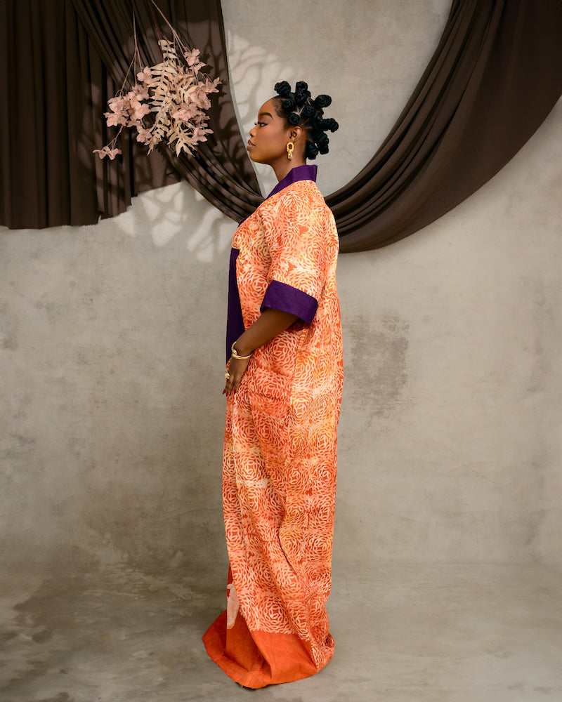 Orange and White Kaftan with Purple Asooke