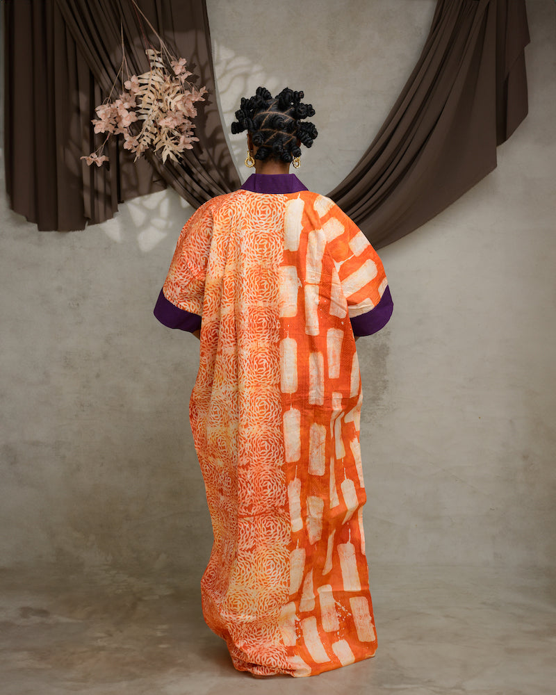 Orange and White Kaftan with Purple Asooke