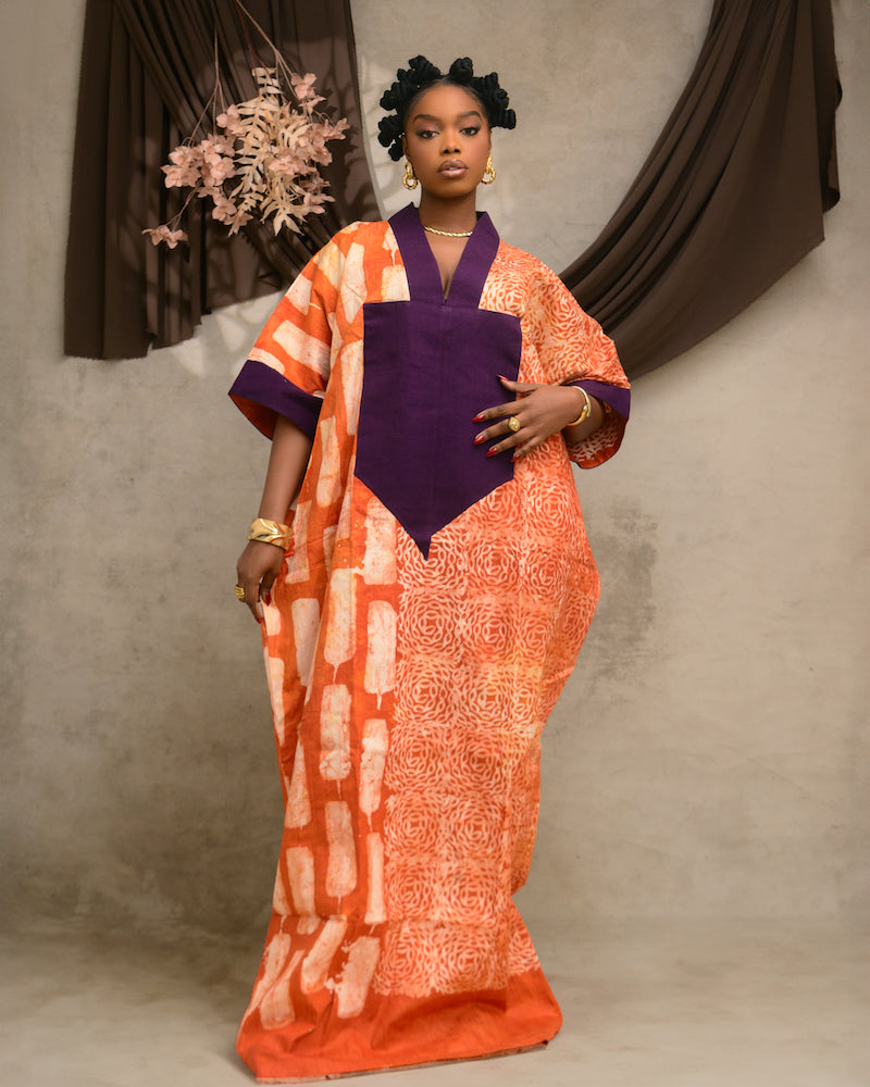 Orange and White Kaftan with Purple Asooke