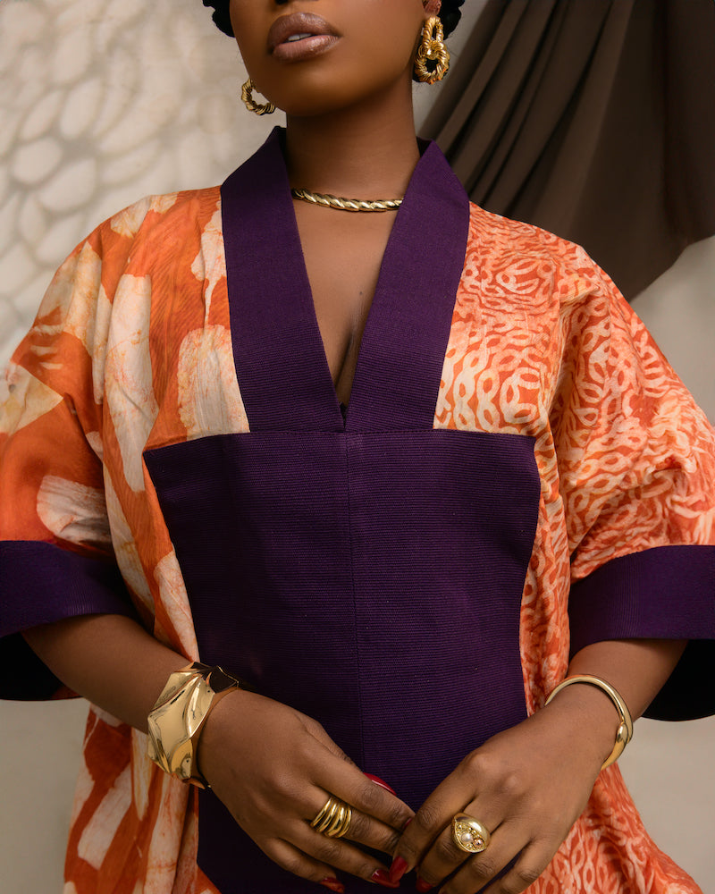 Orange and White Kaftan with Purple Asooke