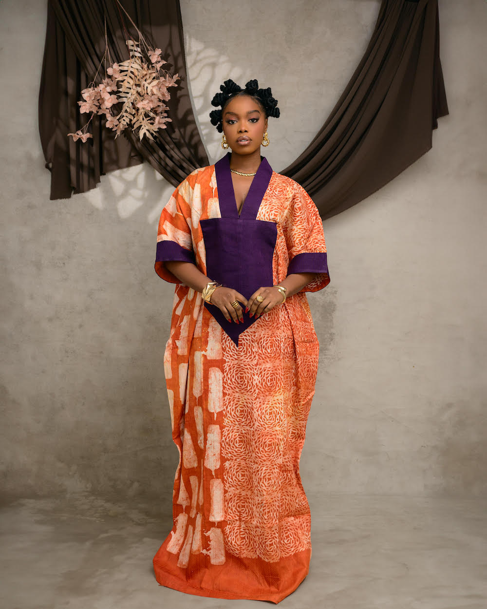 Orange and White Kaftan with Purple Asooke